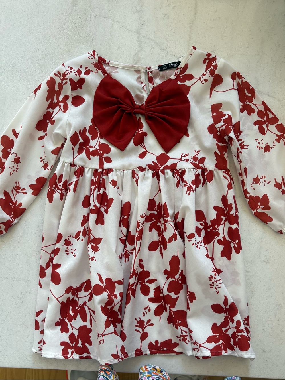 SHEIN White and Red Floral Bow Long-Sleeve Girls Dress